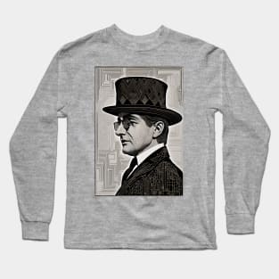 Dapper Monochrome Gentleman: Portrait in Hat and Glasses Long Sleeve T-Shirt